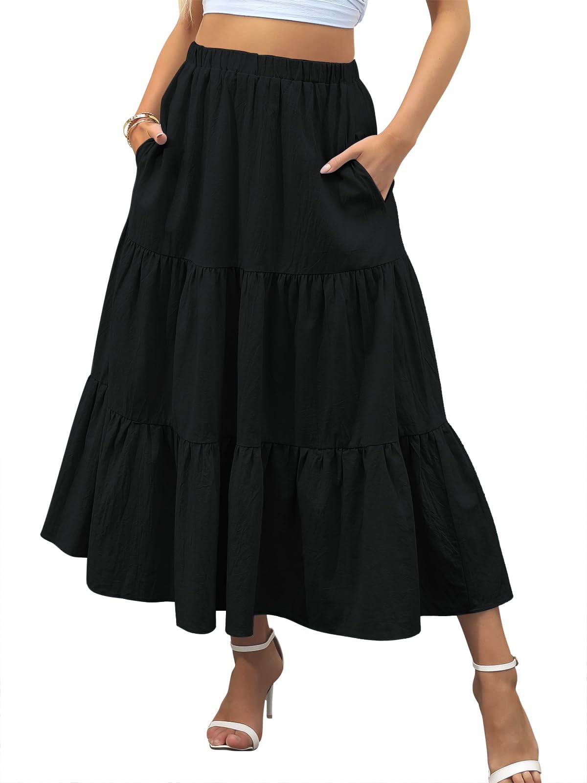 Zeagoo Rock Damen Lang Hohe Taille Skirt Sommer Maxirock Elegant A-Line Langrock Casual Elastische Röcke mit Taschen S-XXL