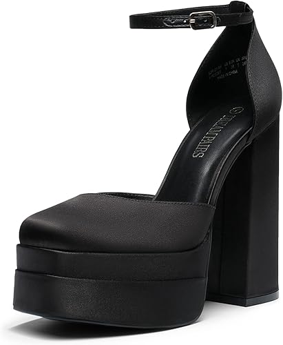 DREAM PAIRS Zapatos de tacón alto y grueso para mujer, con puntera cerrada, puntera cuadrada, correa al tobillo, para boda, fiesta, zapatos de tacón