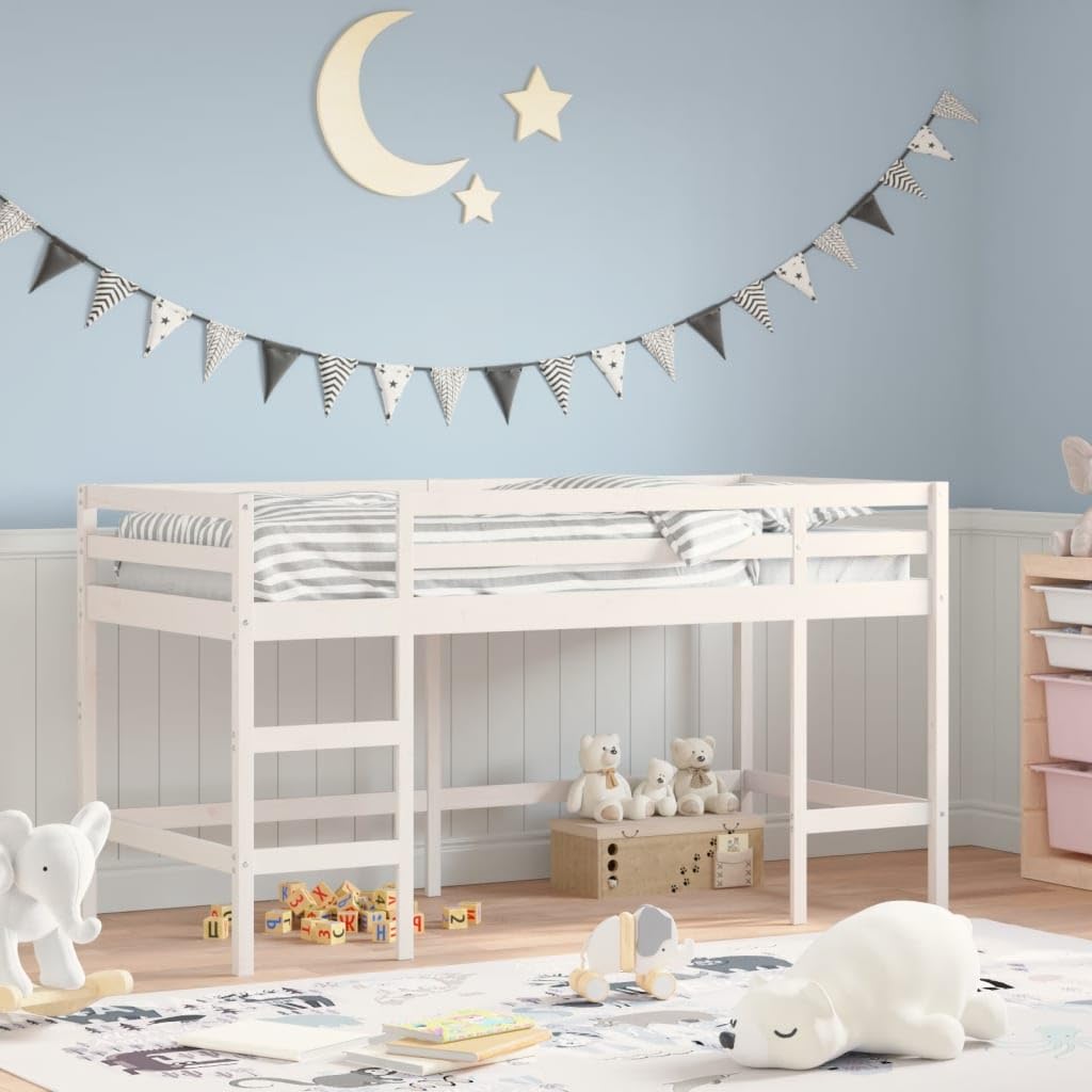 vidaXL Kinderhochbett, Hochbett mit Leiter Rausfallschutz, Spielbett Bett für Kinder ab 6 Jahren, Kinderbett Etagenbett Stockbett, Weiß 90x200cm Massivholz Kiefer