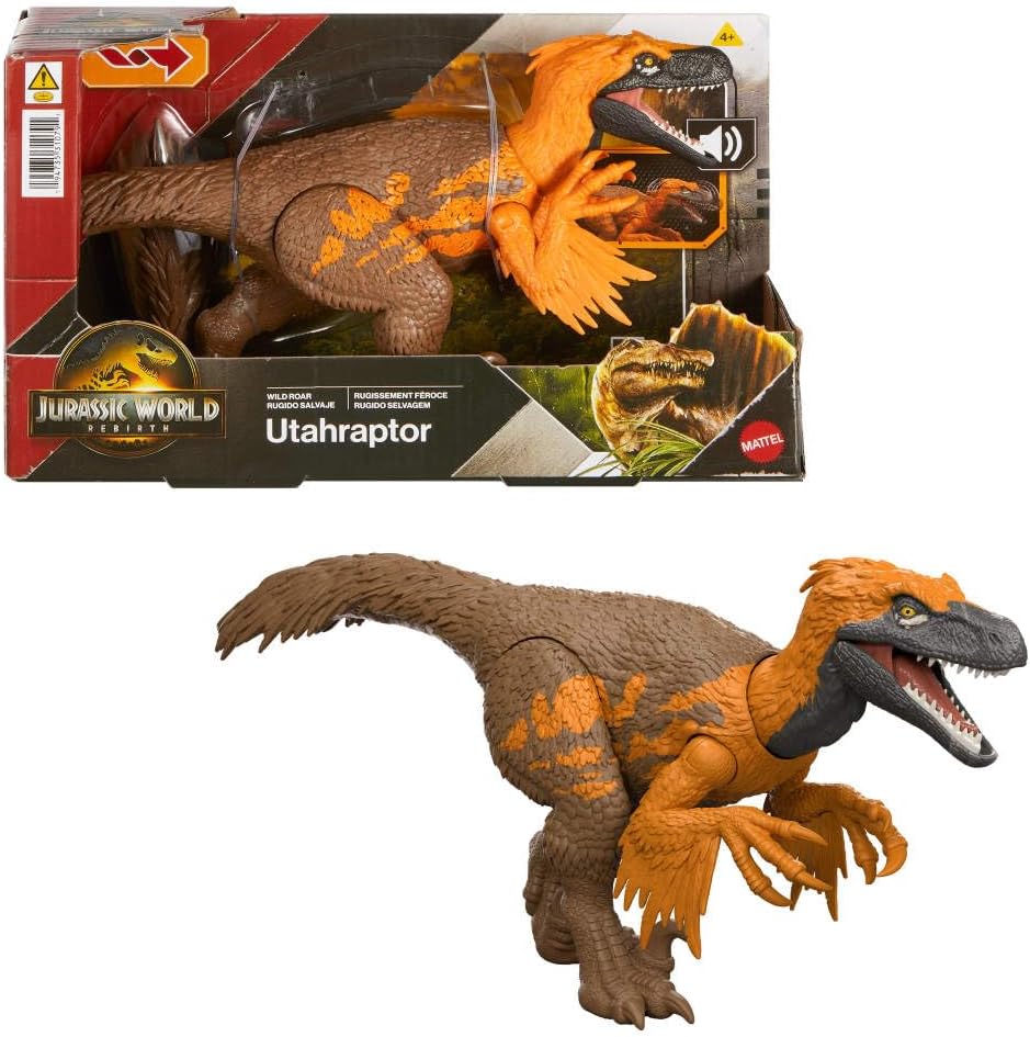 Jurassic World: Renaissance Utahraptor, Articulated Dinosaur with Bite Controlled from Tail, Attack in All Directions, Fierce Roar, Sound and Virtual Game JGC80