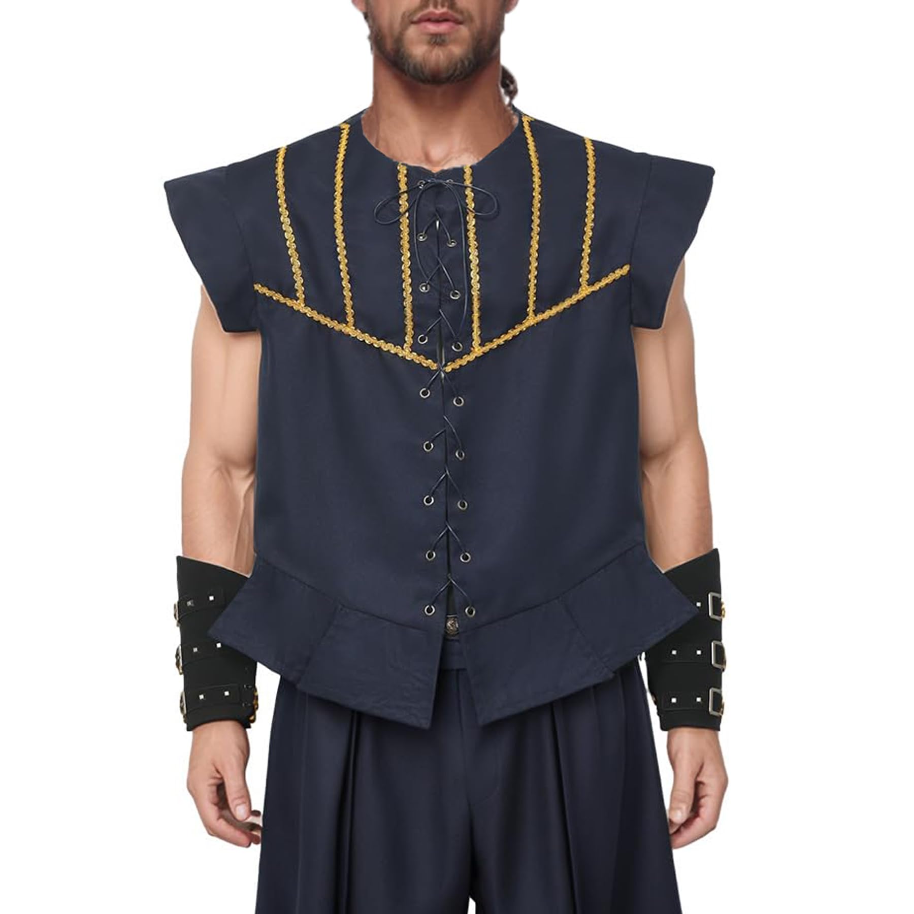 BPURB Mens Steampunk Gothic Pirate Vest Renaissance Medieval Lace-up Waistcoat Victorian Costume (Large, Navy blue)