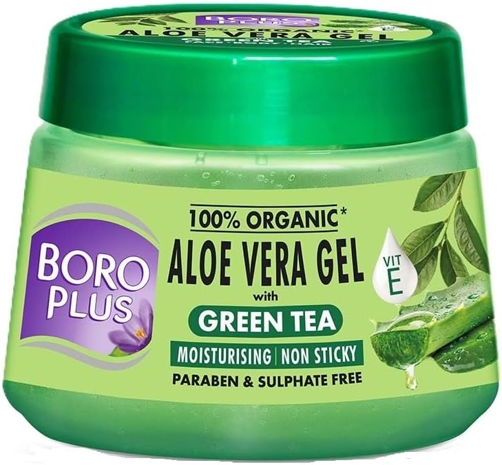 Aloe Vera Gel with Green Tea & Vitamin E | 100% Organic, Non-Sticky | Soothes Sunburn, Fights Pimples, Moisturizes Skin | Paraben-Free | 6.76 Fl Oz (200ml)