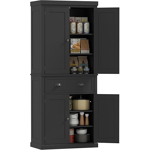 HOMCOM 72.5" Kitchen Pantry Cabinet, Traditional Freestanding Storage Cabinet with 4 Doors, Drawer and 3 Adjustable Shelves for Dining Room, Black