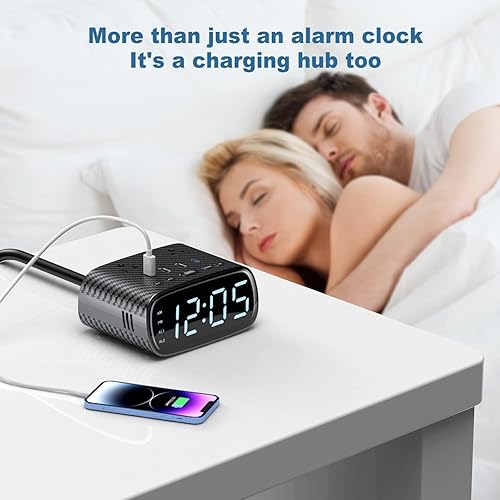 Miniatura 9 de Reloj despertador dual con estación de carga de escritorio, 2 USB C, 2 USB A, 2 puertos de CA - Hub de carga de salida USB máximo de 30 W - Reloj