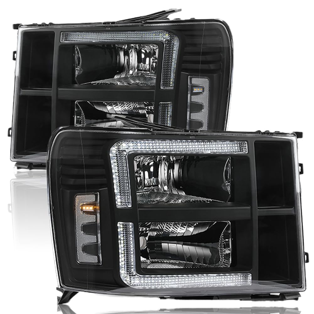 G-PLUS LED DRL Headlights Assembly Compatible with GMC Sierra 1500 2007-2013/Fit GMC Sierra 2500 HD 3500 HD 2007-2014 Headlamps Left & Right Clear Lens Black Housing Clear Reflector,faros delanteros