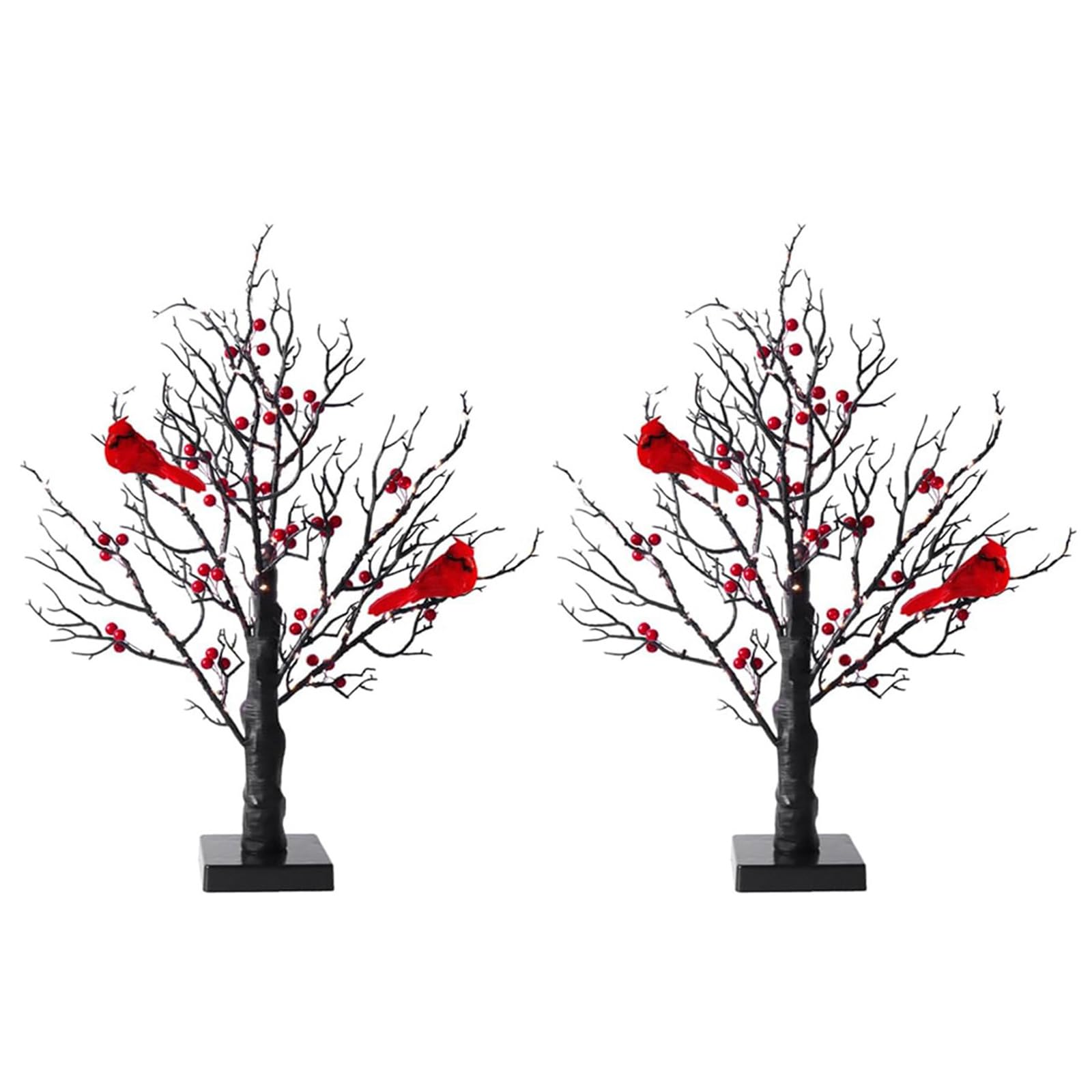 Árbol de Navidad artificial iluminado por LED con bayas rojas y decoración de pájaros, lámpara de mesa alimentada por pilas para fiestas festivas, luz cálida y brillante