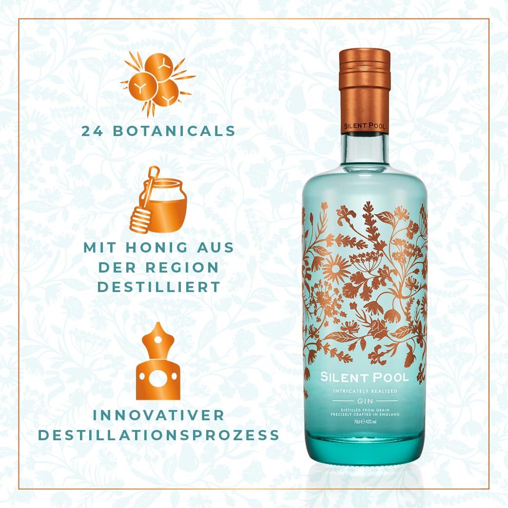 SILENT POOL - Ultra-Premium London Dry Gin – preisgekrönt, handgefertigt in England - Vielschichtig, duftend, ausgewogen - 24 Botanicals - Perfekt auf Eis - ideal als Geschenk - 43% vol., 70 cl.
