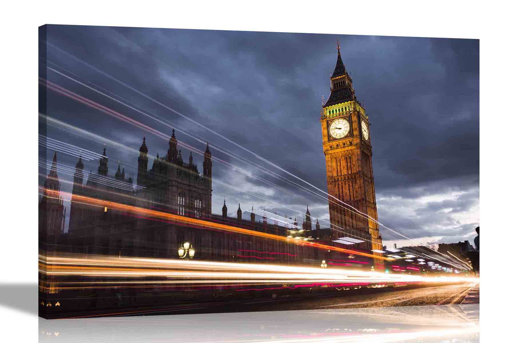 Artley Prints Colourful Speeding Lights Iconic Big Ben Canvas Prints London Art Deco Pictures Wallart Stretched And Framed City Artwork For Livingroom Large 76 X 50Cm (30 X 20 Inches)