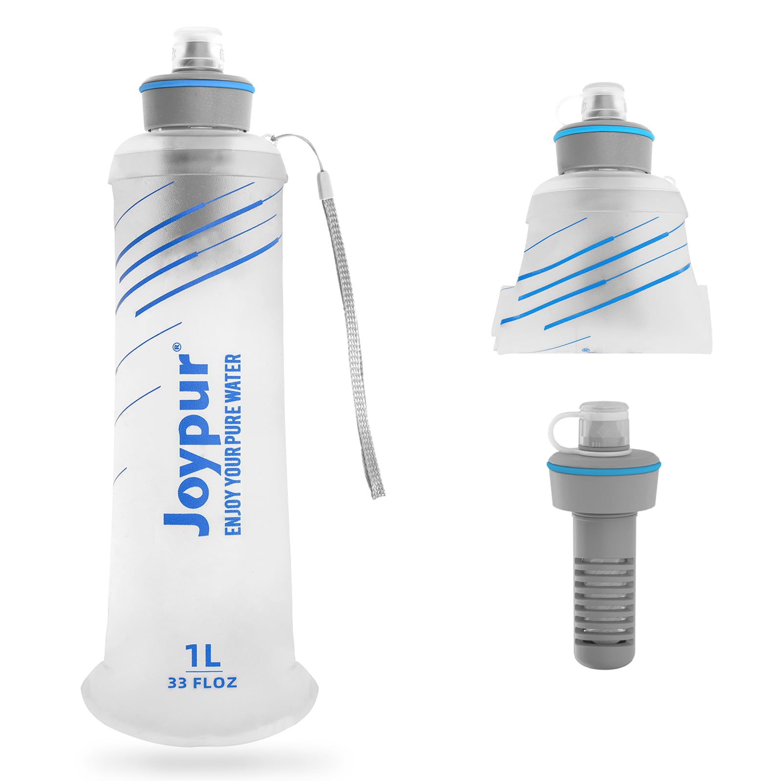 Botella Plegable de 1000 ml con Filtro de 0.01µm, Filtro de Agua Portátil de 5000 Litros para Acampar y Senderismo, Purificador Personal de 100g Ultraligero para Mochila y Viajes (Blanco)