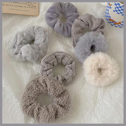 7Pcs Scrunchies Grey Velvet Plush Hair Scrunchies Hair Ties Elastic Rubber Bands Ponytail Holders for Women Hair Accessories