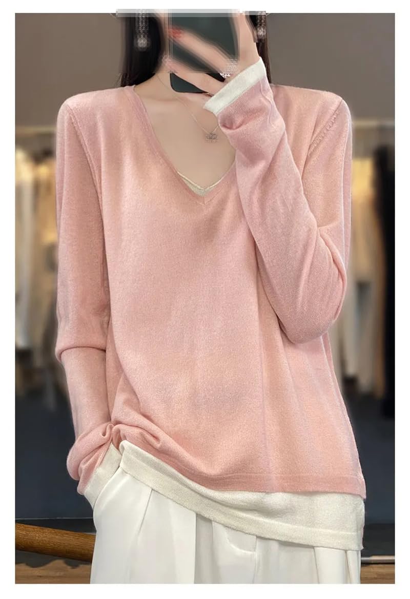 Jersey fino de lana con cuello en V para primavera y otoño para mujer, casual, ajuste holgado, falso, dos piezas