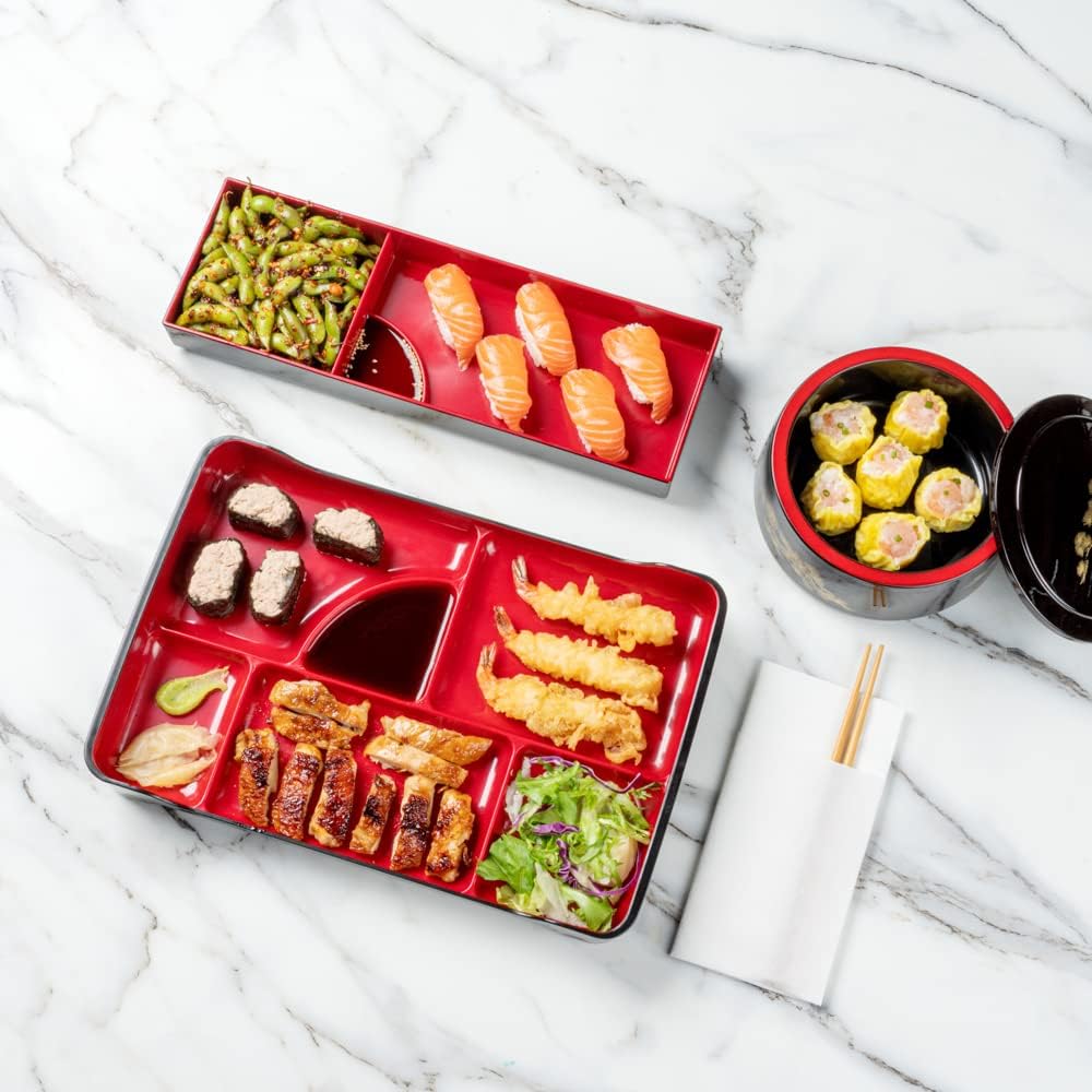 Restaurantware Bento Tek 14 x 9.1 x 2 Inch Compartment Lunch Plates 1 Japanese Style Adult Lunch Plate - With 5 Compartments Reusable Black & Red Plastic Separated Meal Plate For Hot & Cold Food - Image 6