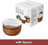 Vista 2 de Large Acacia Wood Salt Cellar with Marble Lid - 10oz Heavy Salt Box Pepper Pinch Pot with Spoon - Natural Solid Wood Spice Container Decorative