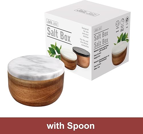 Vista 2 de Large Acacia Wood Salt Cellar with Marble Lid - 10oz Heavy Salt Box Pepper Pinch Pot with Spoon - Natural Solid Wood Spice Container Decorative