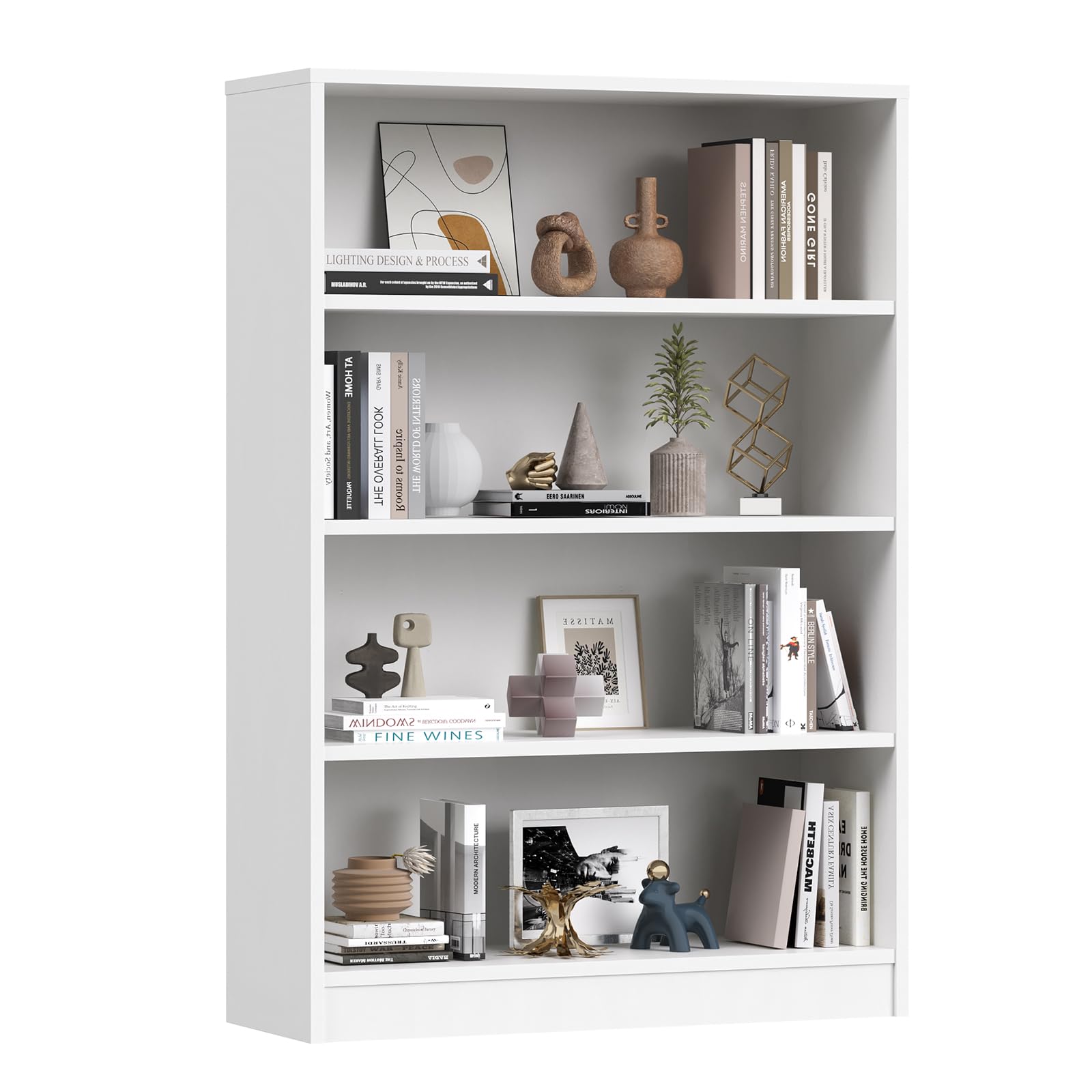 Farini 48 Inch Tall 4-Shelf Bookcase, Wood Bookshelf Storage Organizer Adjustable Shelf for Home Office, Study Room, Easy Assembly,White