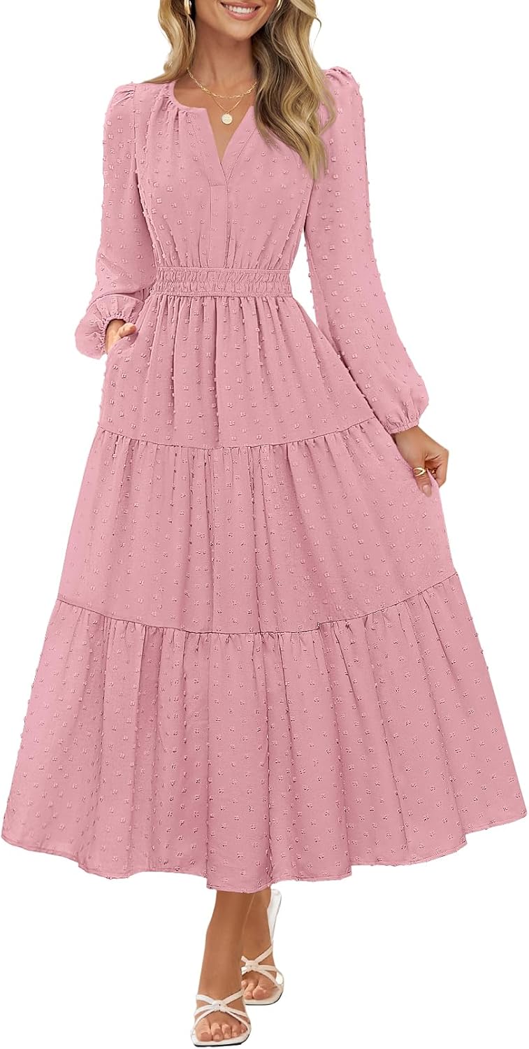 MEROKEETY Women's Fall Long Sleeve Maxi Dress 2026 Boho Ruffle Tiered Swiss Dots Wedding Guest Cocktail Long Dresses