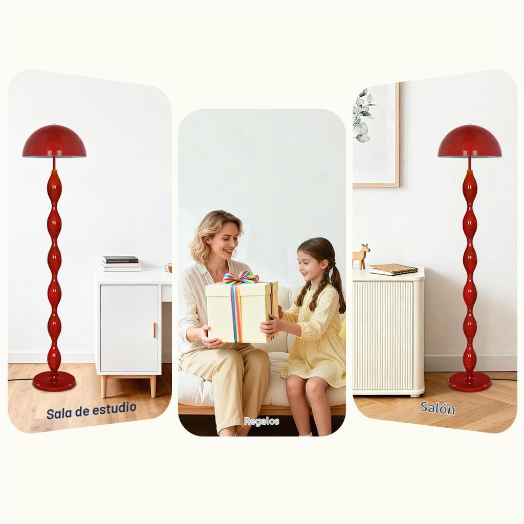 Lampara De Pie Estilo Retro, Lampara De Pie Salon,Luz Lectura Con Diseño De Seta,Color Rojo,Interruptor De Pie, Altura 160 Cm, Para Sala Dormitorio Oficina Estudio Habitación infantil