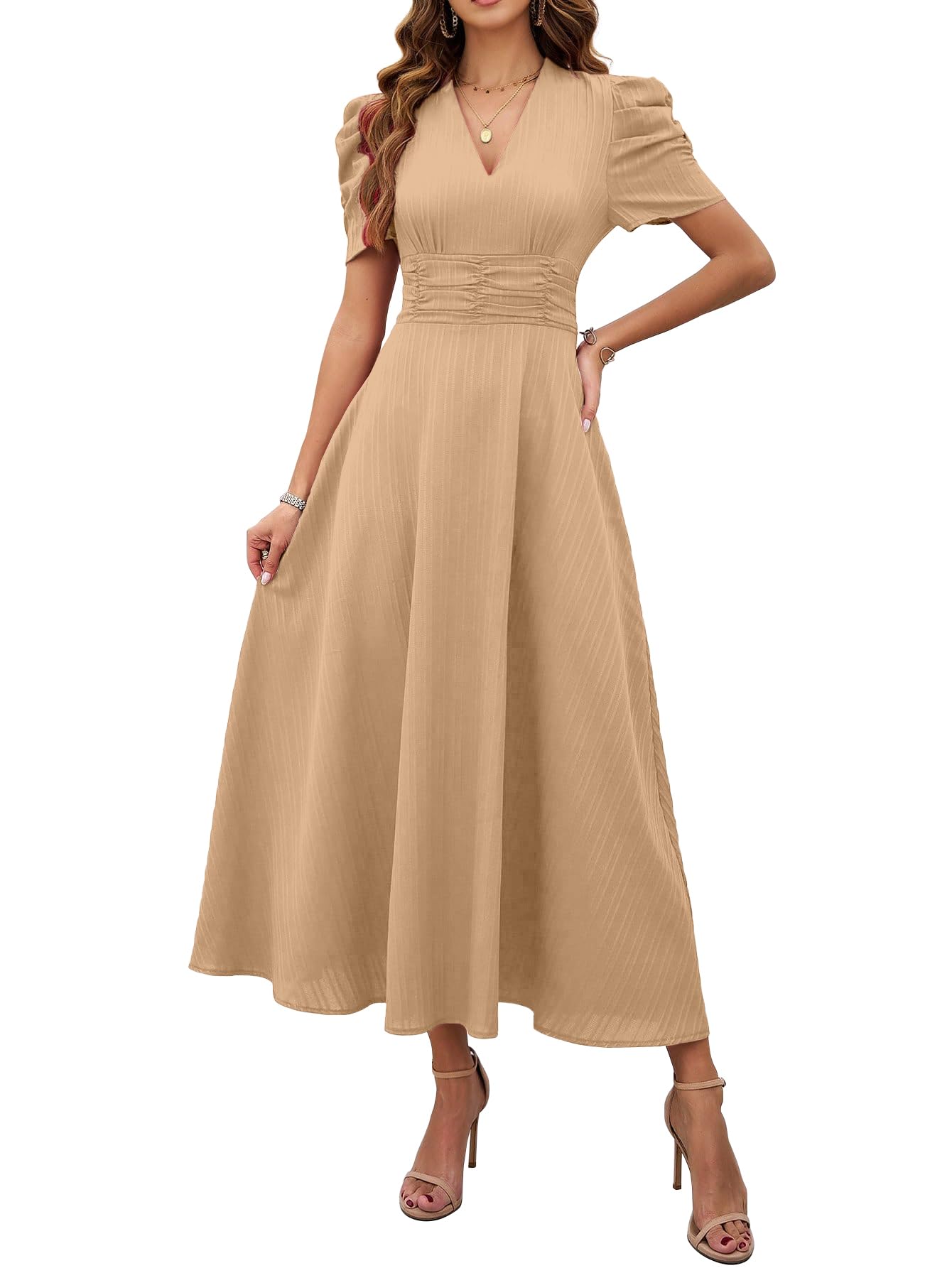 Shasmi Girl's & Women's Skin Solid Color V-Neck A-Line Maxi Dress for Women | New Year Party Outfit | Waist Cinched Puff Sleeve Western Dress | Elegant Casual Wear (Dress 246 Skin-M)