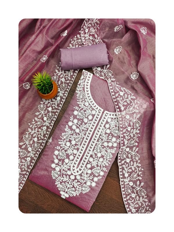 Embroidered Unstitched Suit Set with Dupatta For Women| Heavy Thread Work Kurta Fabric with Bottom & Dupatta for Festive-image-1