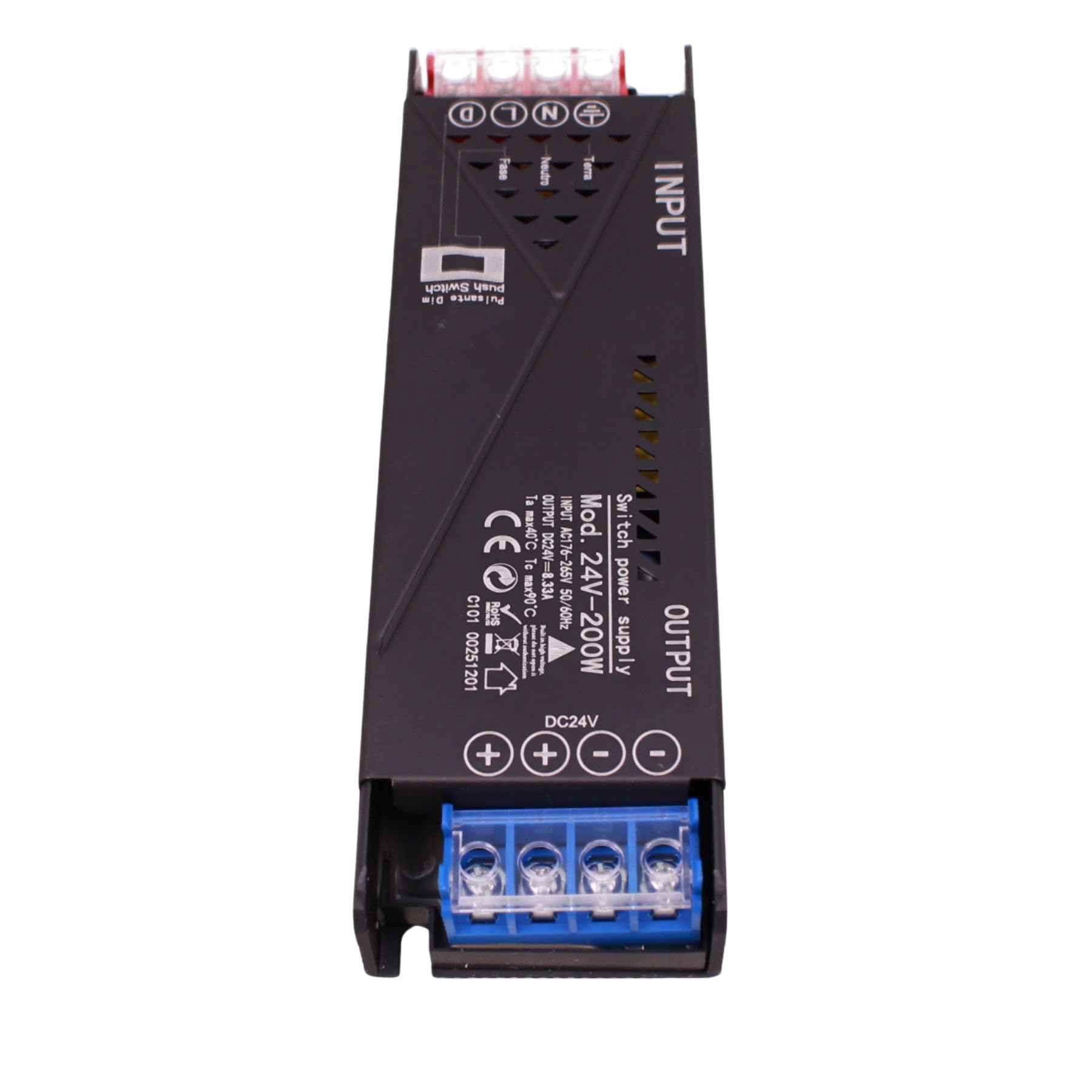 Alimentatore Trasformatore 24V 200W, Dimmerabile con Pulsante NO (10-100%), Memoria e Spegnimento Soft, 2 Uscita Per Striscia Led, Push Dimmer Integrato, Funzione Deviatore e Invertitore, 162×50×25mm - 4