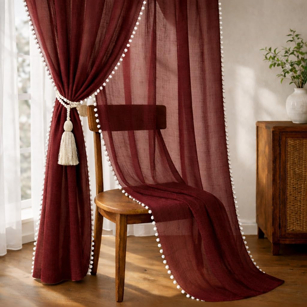 THE LINEN COMPANY Window Curtains Sheer Cotton Curtains with Pom Pom Lace Rod Pocket Light Filtering Transparent Net Curtains for Window Curtains Door Curtains Living Room Maroon 4 Ft Pack of 2