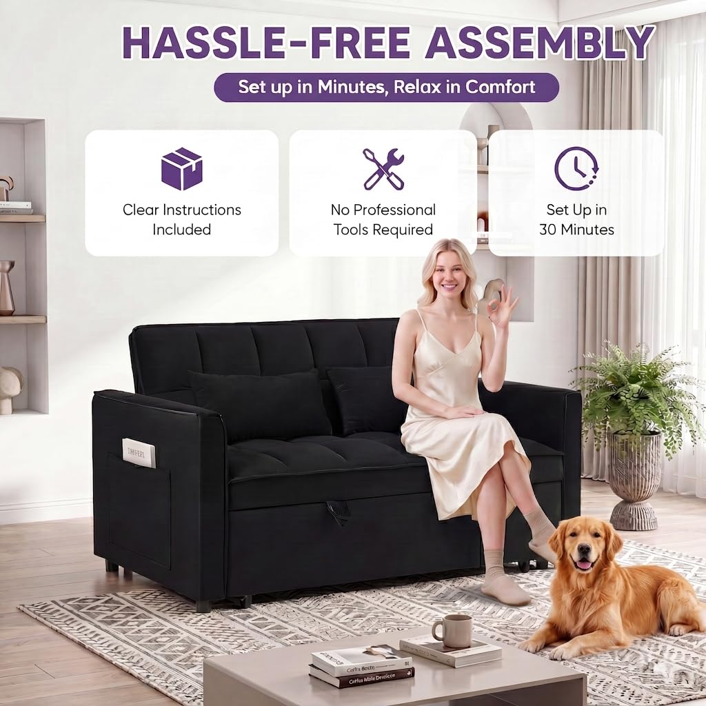 3 in 1 Convertible Sleeper Sofa Bed, 54'' Full Size Velvet Pull Out Futon Couch Recliner with Reclining Backrest & 2 Pillows, Small Loveseat Lounge Couches for Small Spaces (Black)