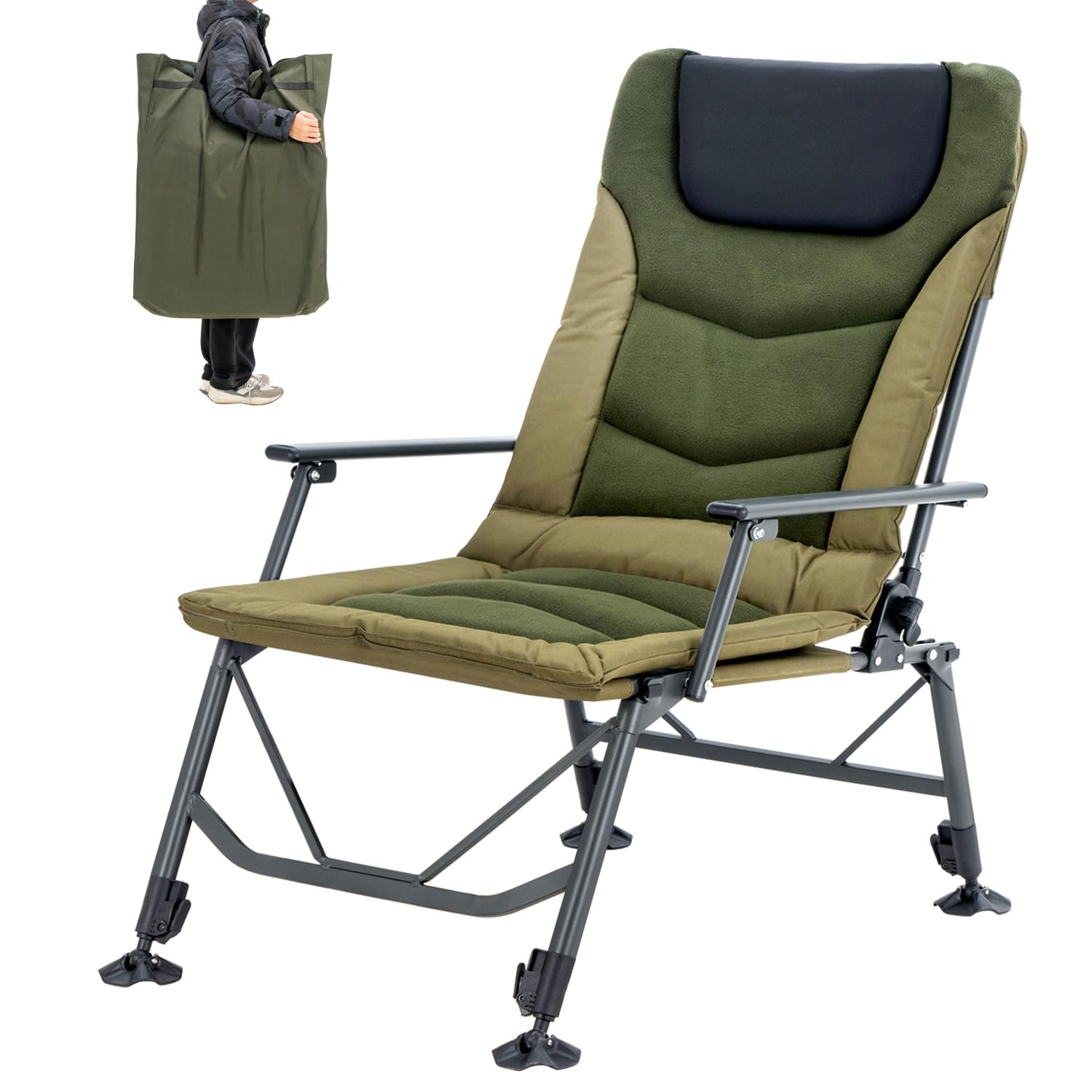 XL Wide Camping Chair for Adults, Outdoor Folding Chair with Soft Cushion Load 330 Lbs, 180° Adjustable Reclining Portable Fishing Chair with Carry Bag for Camping, Hunting, Green