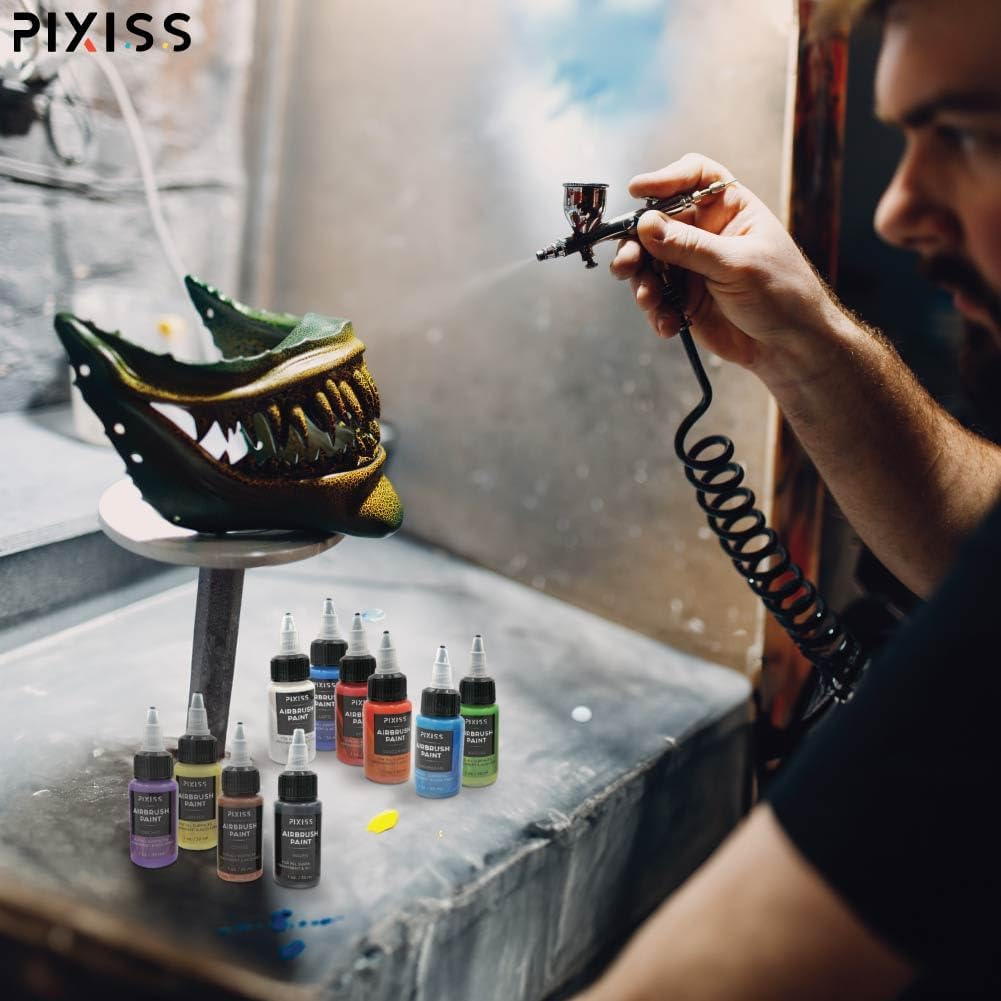 Pixiss Acrylic Airbrush Paint Set (10 Colors, 1 Oz) with Airbrush Cleaner (4 Oz) and Flow Improver - Acid Free, Ready to Spray Air Brush Paints for Model Painting - Art Brush Cleaner and Restorer