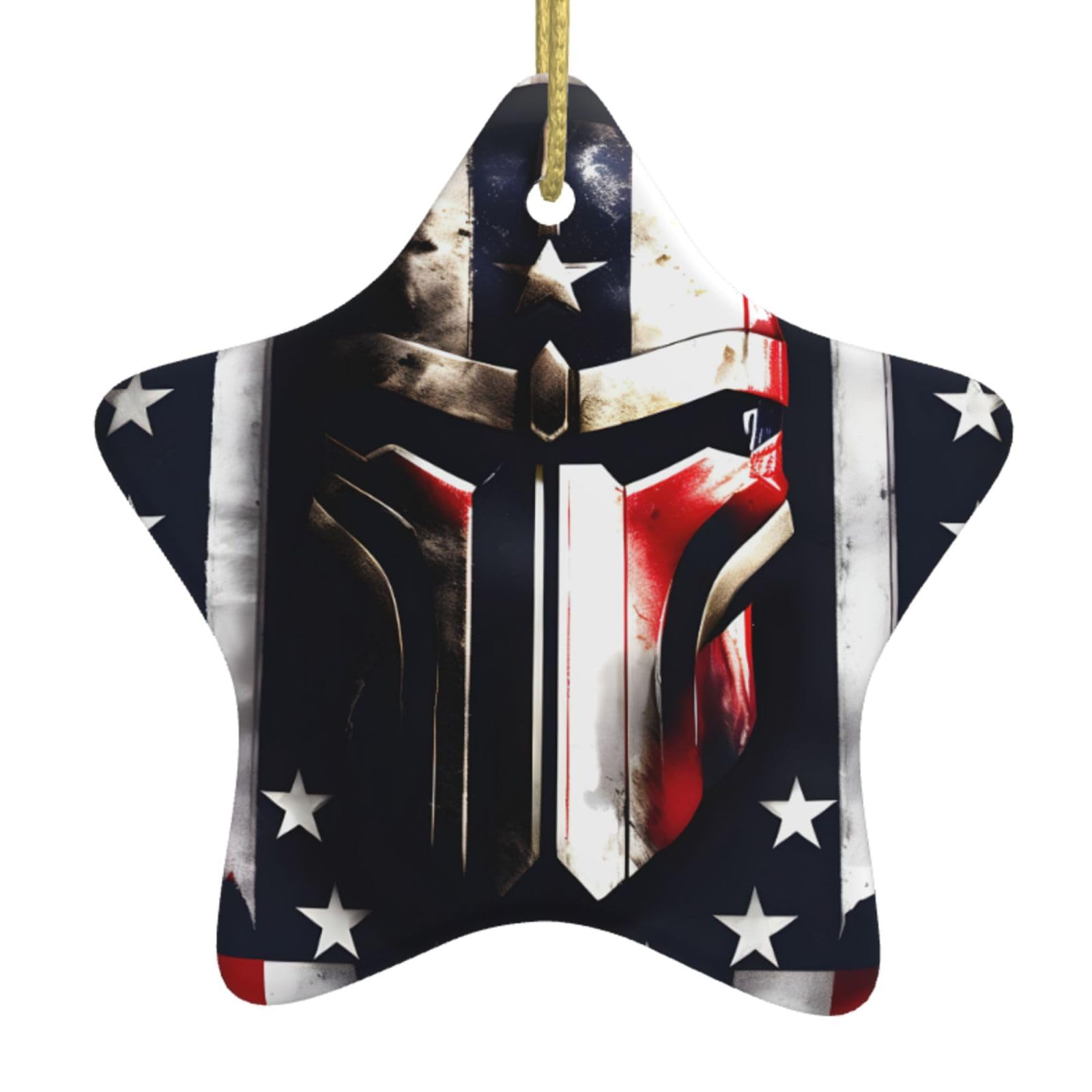 Nbtghga White Usa Flag American Spartan Print Christmas Ornaments, Ceramic Hanging Ornament, Round Shape Decorations