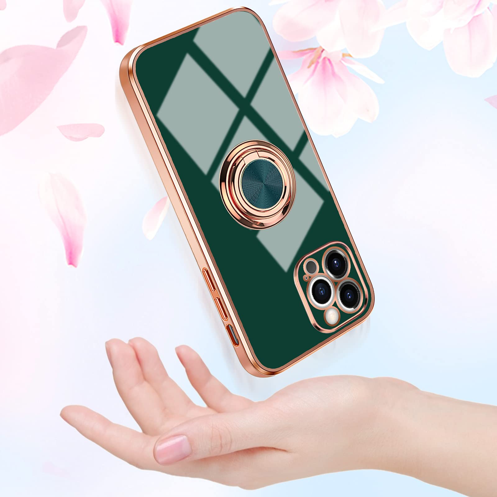 Omorro Compatible With Rose Gold IPhone 15 Pro Max Case For Women Girls Kickstand Ring Holder 360 TPU Rotation Ring Case With Stand Plating Edge Work With Magnetic Mount Slim Luxury Case