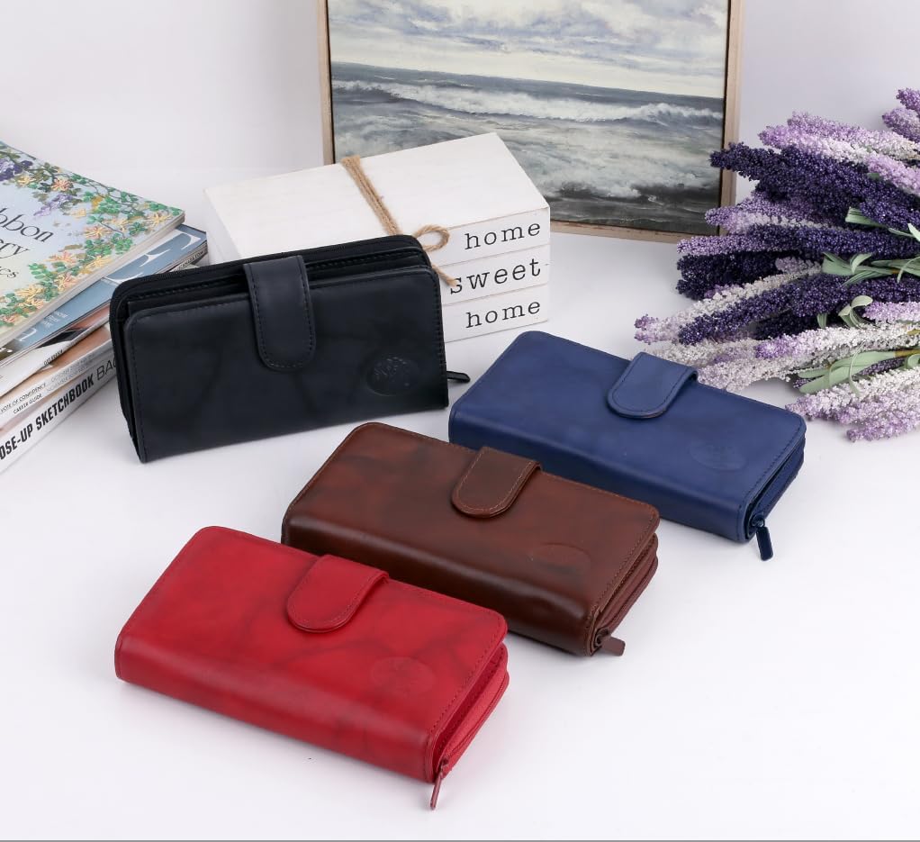 Julia Buxton Heiress Women's RFID Blocking Checkbook Leather Wallet with Zipper, Multiple Card Slots & ID Window, Gift Idea, Navy