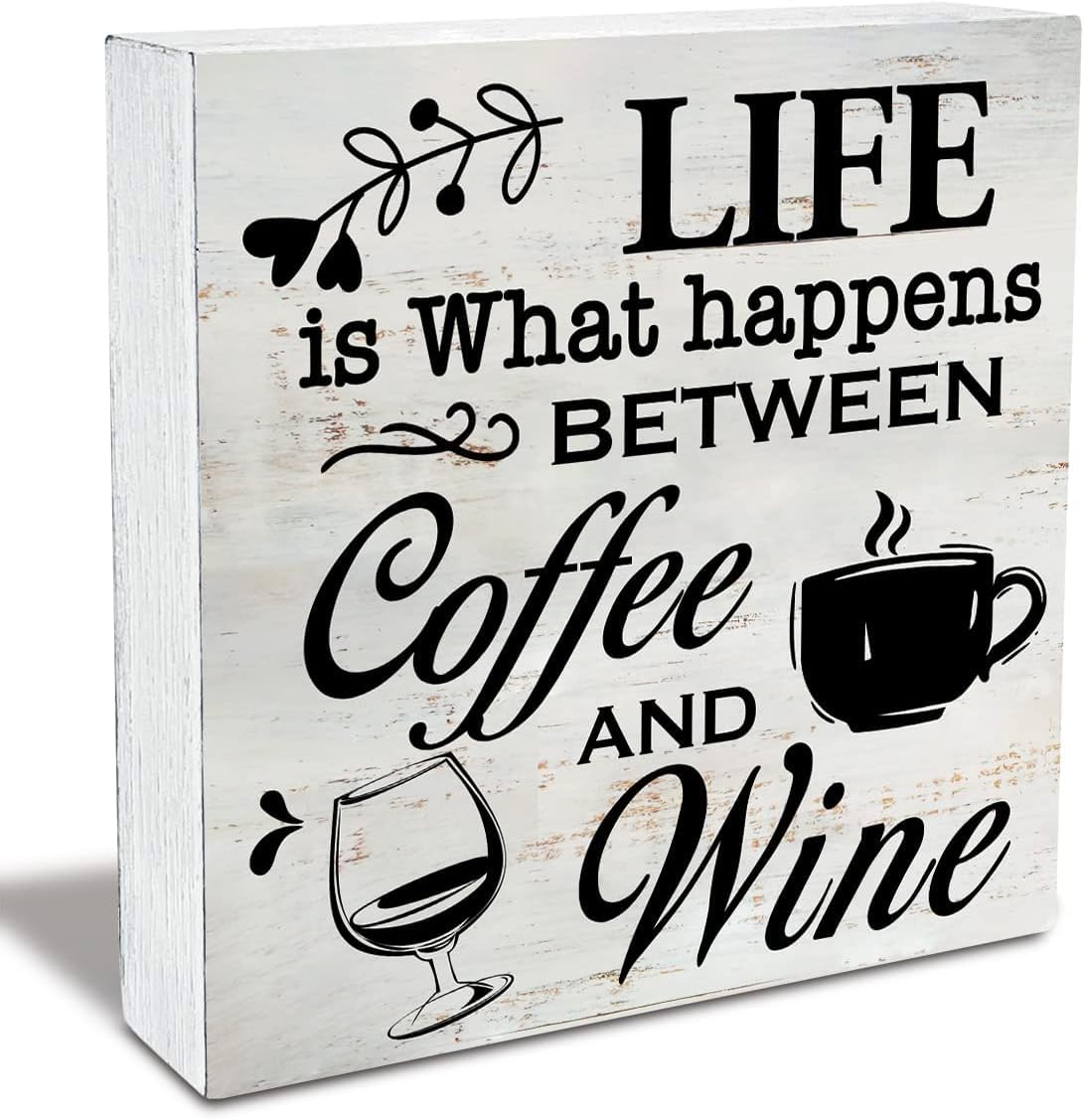 Pibonto Men's Desk Decor 5X5 Inch Rustic Coffee Wine Wood Box Sign Life Is What Happens Between Coffee And Wine Wooden Box Sign Home Kitchen Wine Bar Desk Shelf Decor