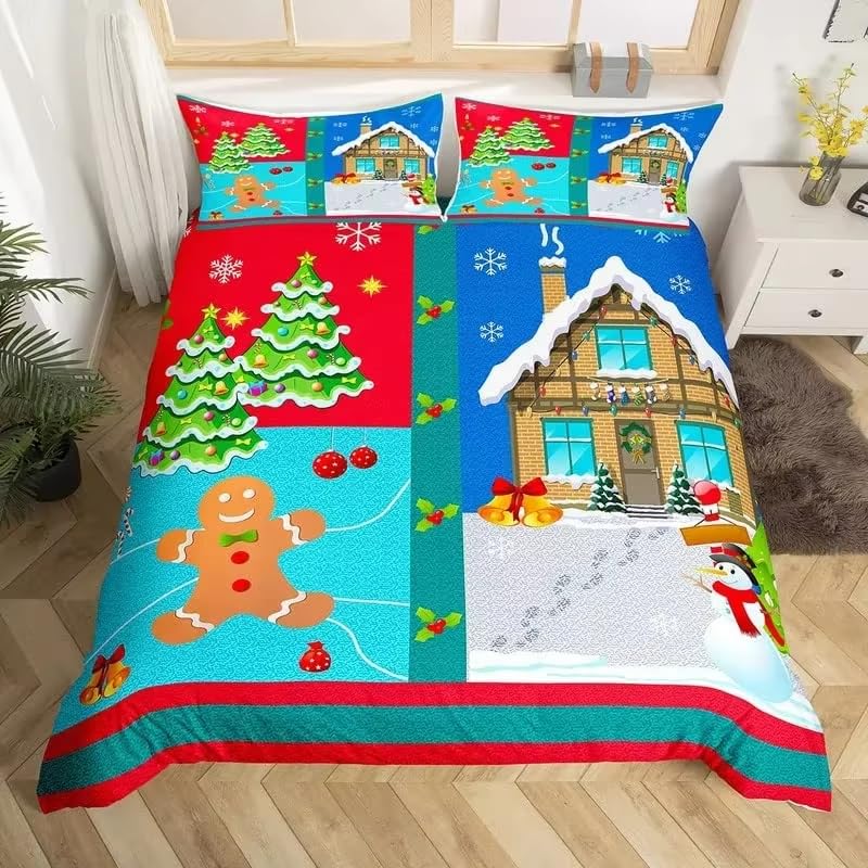 Parure de lit de Noël 260x240 bleue et rouge avec housse de couette imprimée