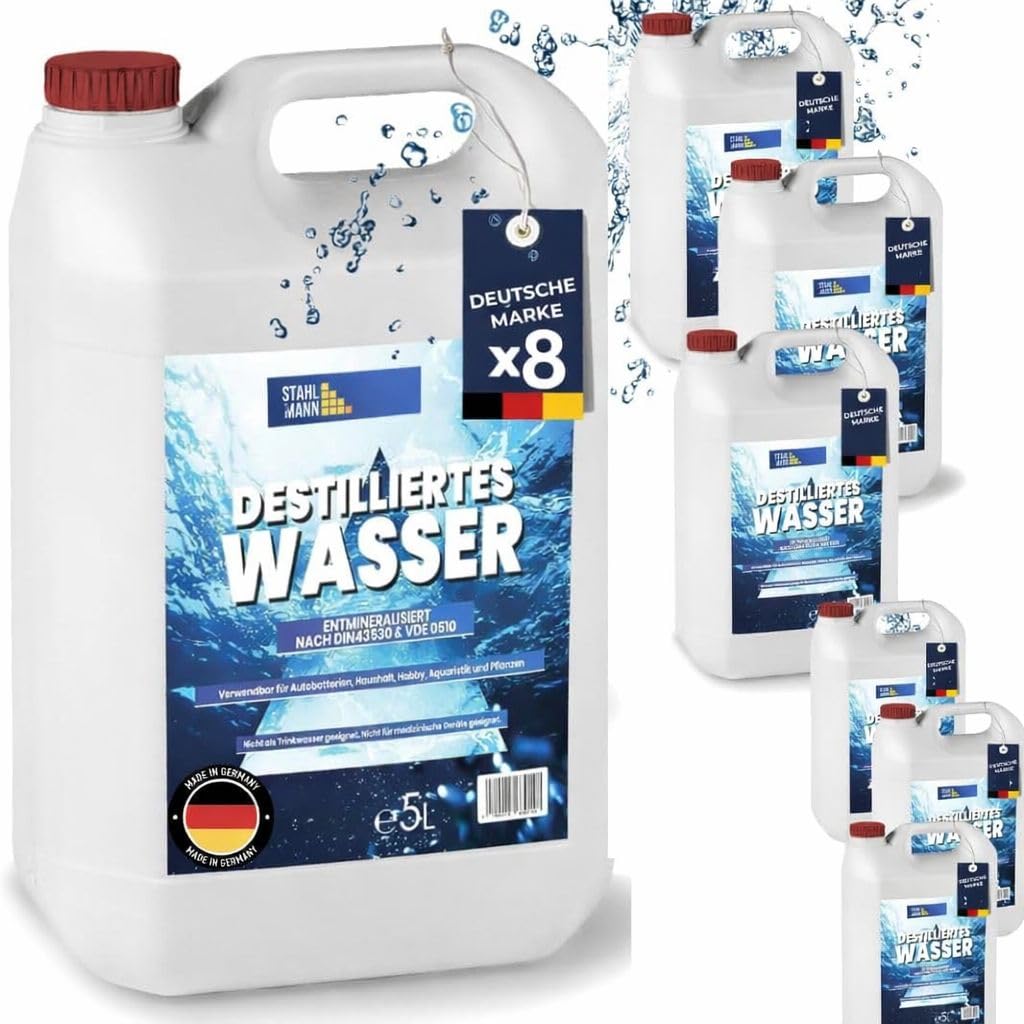 STAHLMANN® Destilliertes Wasser 8x5 L Kanister [Made in Germany] - Destilliertes Wasser für Dampbügeleisen und vieles mehr – Destilliertes Wasser