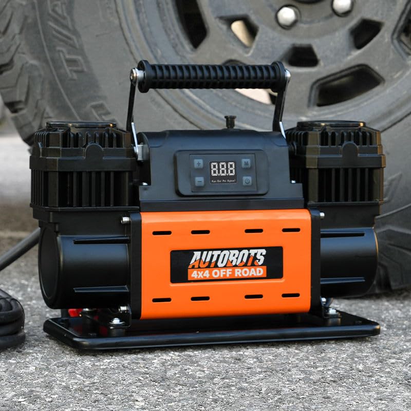 Compresor de Ruedas Portátil Bicilíndrico 12V 350L/min 150PSI con Pantalla LCD Inteligente Auto Stop, Accesorios y Bolsa Reforzada