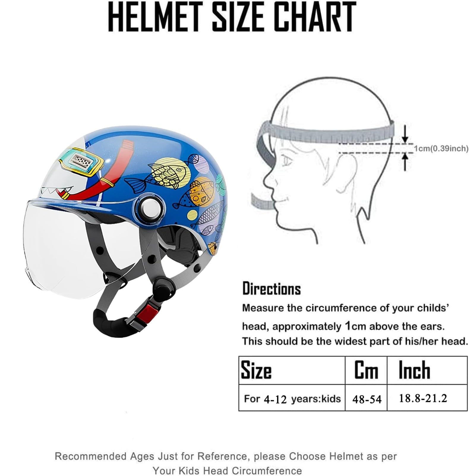 Kask dziecięcy, regulowany, wielofunkcyjny, do skutera rowerowego, kask rowerowy dla dzieci w wieku 4-12 lat, półtwarz z wizjerem, kask rowerowy dla chłopców i dziewczynek, 8, 48-54 cm