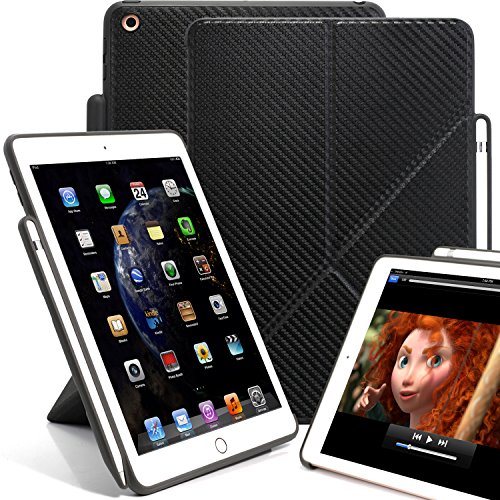 KHOMO Coque Etui Origami pour iPad 9.7 2018 avec Porte Apple Pencil - Compatible avec Smart Cover Intérieur en Microfibre - Fibre de Carbone Cover