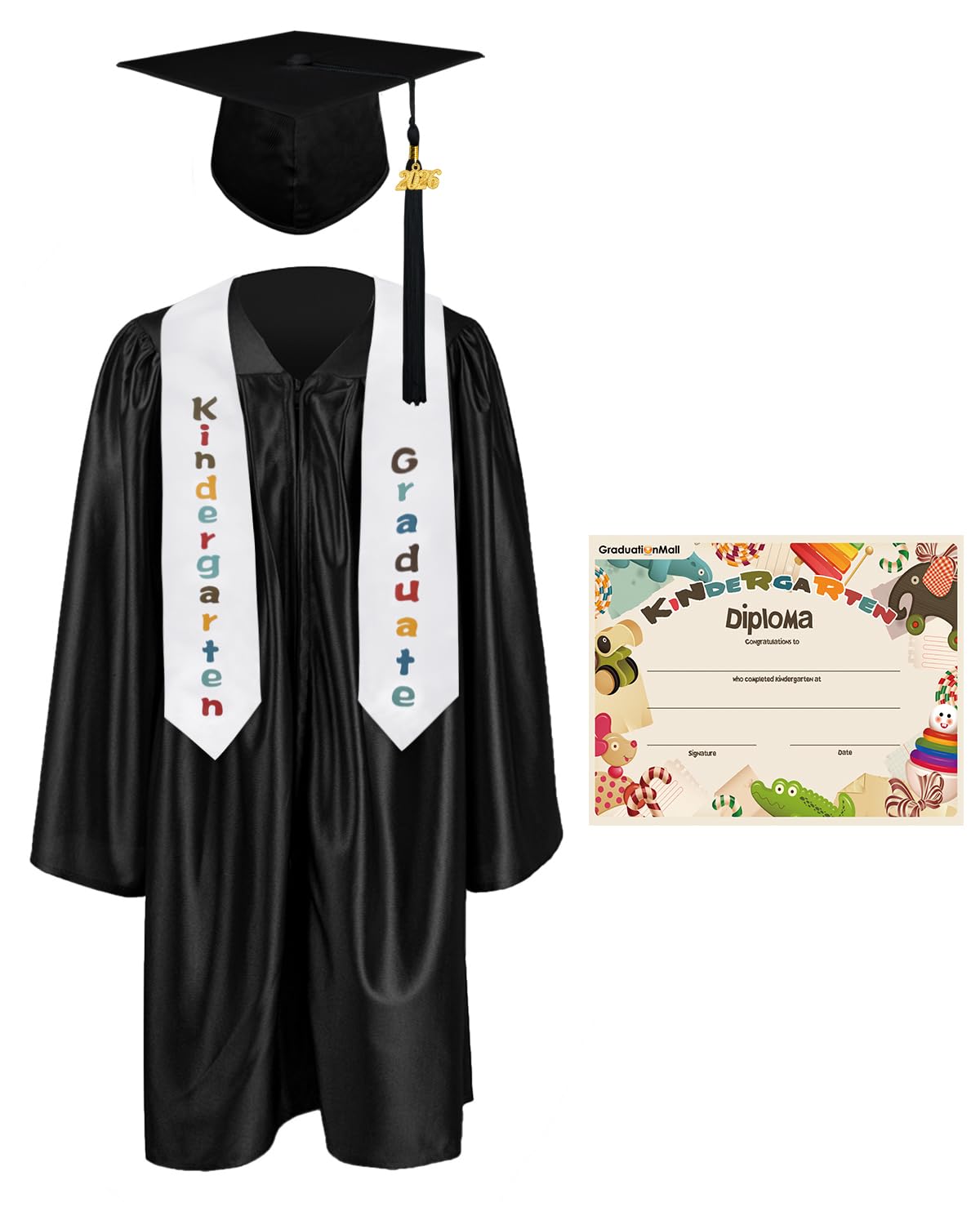 GraduationMall Kindergarten Graduation Cap Gown Stole Package with 2026 Tassel, Certificate