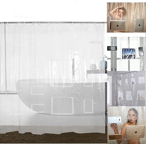 Waterproof Clear Shower Curtain Liner with 12 Pockets for Tablets