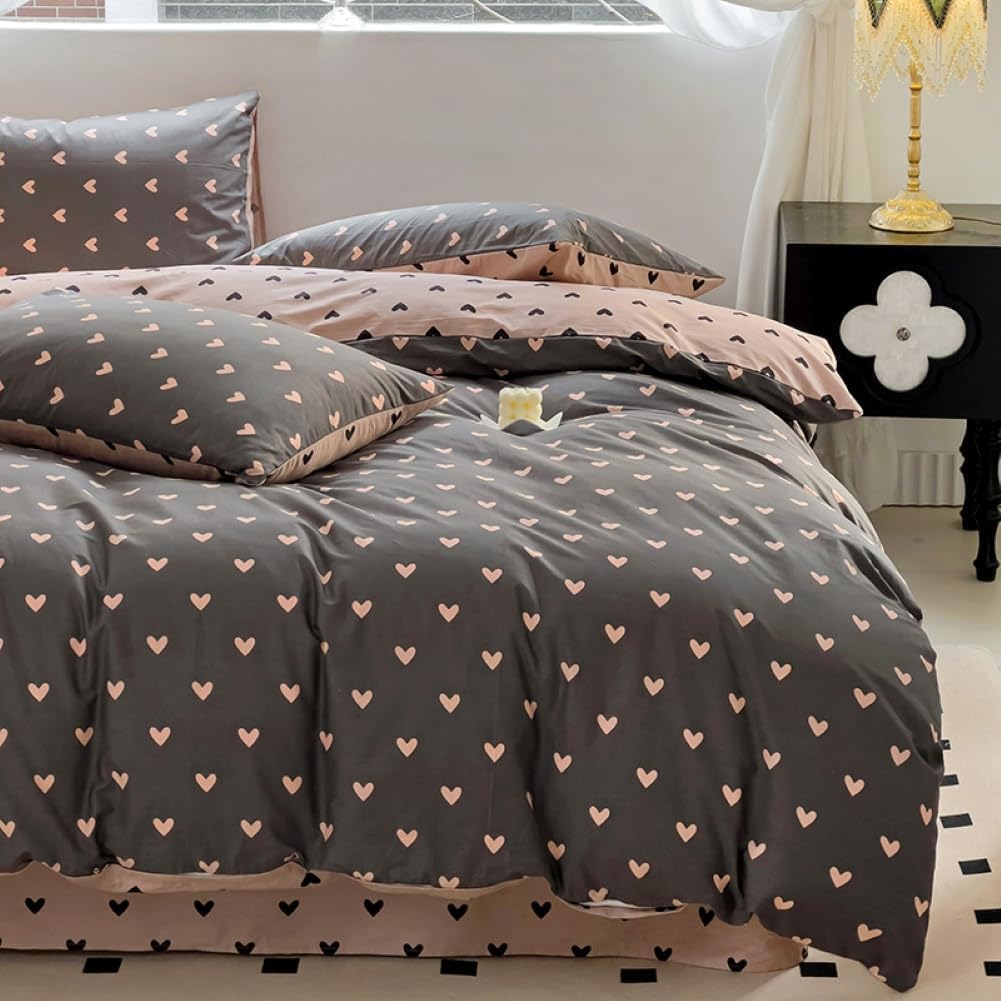 Covebett Duvet Cover Double Heart Black and Pink Heart Print Reversible Kawaii Bedding Set Girls Love Hearts Aesthetic Microfiber Comforter Cover 200x200 with Zipper Closure and 2 Pillowcases 50x75cm