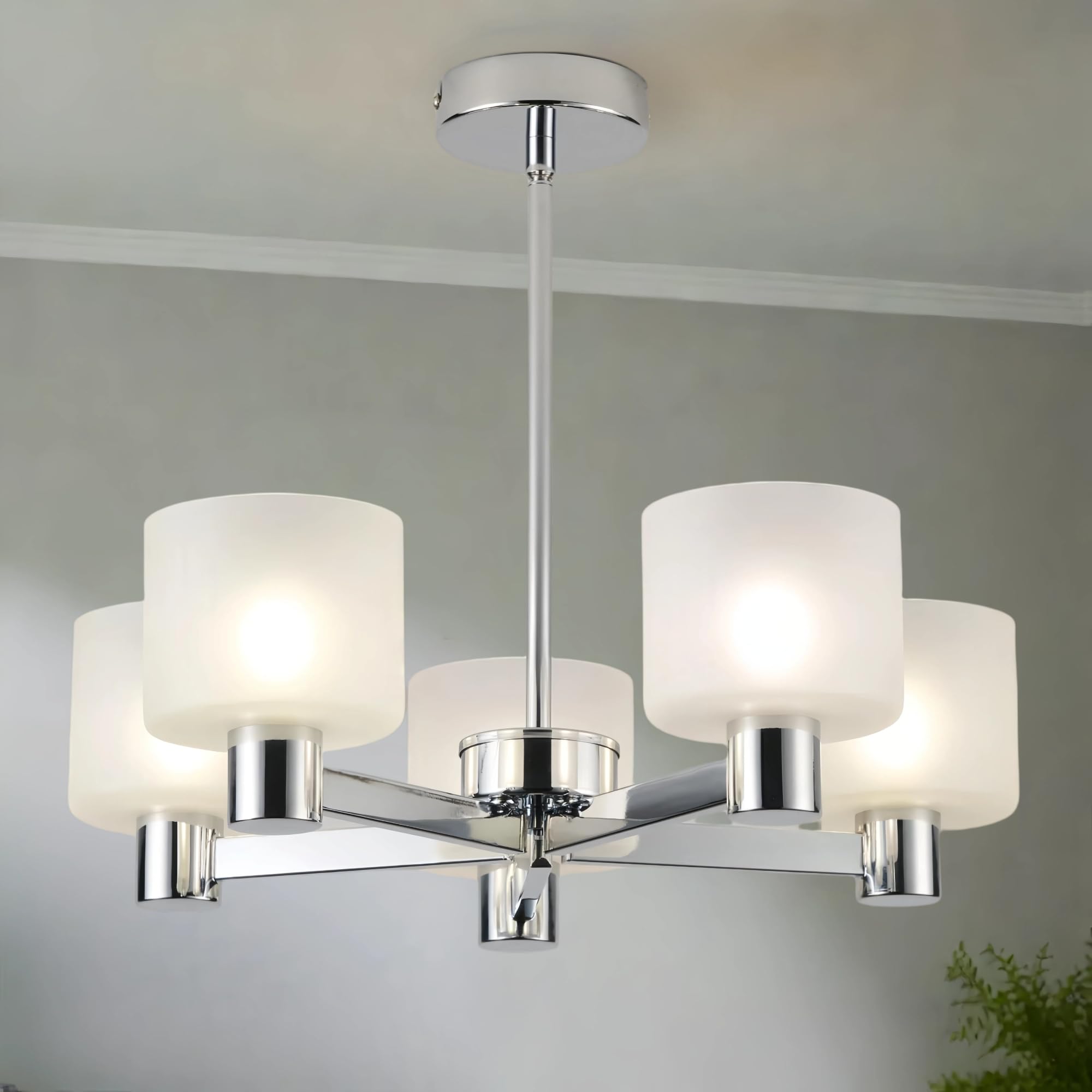Harper Living 5-Light Chrome & Sand Modern 5 Lights Chandeliers Ceiling Light, Chrome Semi Flush Ceiling Lamp With Sanded Glass Shades, 5Xg9 Ceiling Lighting For Living Room Bedroom Dining Room Hallway
