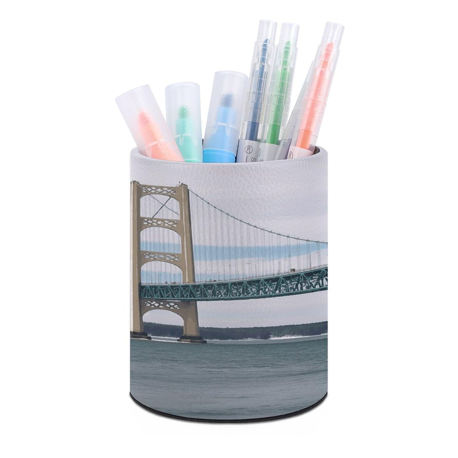 VstaDank Mackinac Suspension Bridge Pen Holder Leather Pencil Cup Round Pencil Holder for Desk Organizer Personalized Pen Cup Fashion Pen Organizer Makeup Brush Holders for Office Home&Gift