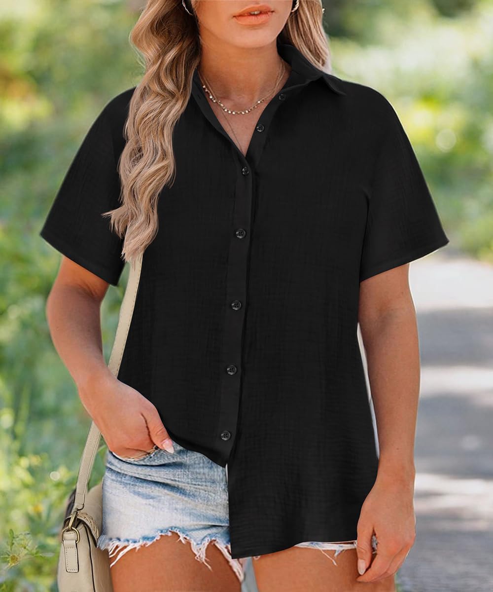 RITERA Haut boutonné à manches courtes pour femme - Col roulé - Léger - Taille XL à 5XL