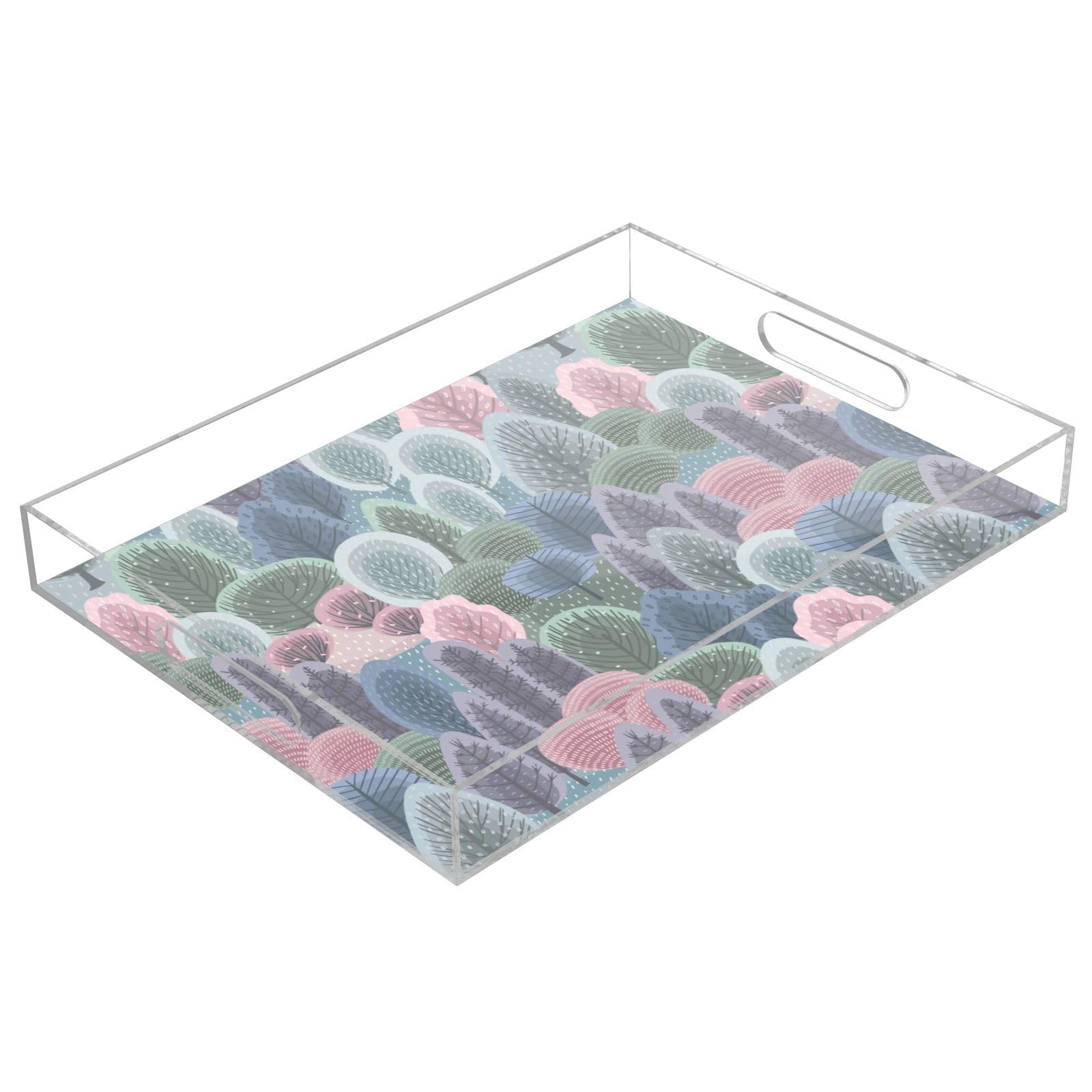 Bandeja acrílica rectangular transparente con diseño abstracto de árboles personalizados para invierno, con asas, bandeja acrílica para desayuno, bandejas impermeables para servir, transparentes, 12 x