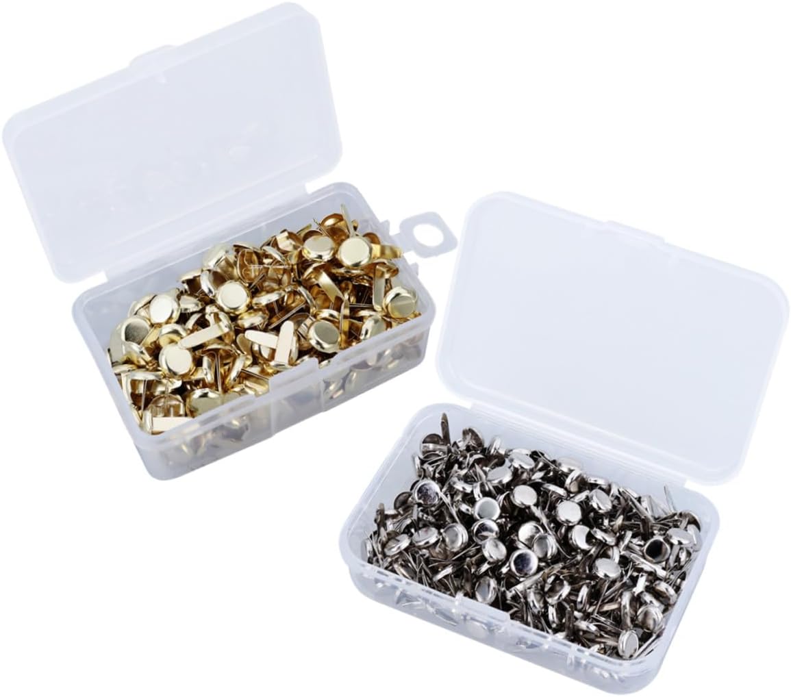 SMASOLO 500pcs Metal Paper Fasteners Round Brads with Storage Box Silver and Gold Electroplated Two-Prong Brads for DIY Crafts Scrapbooking Photo and Ribbon Holding and Rust-Resistant