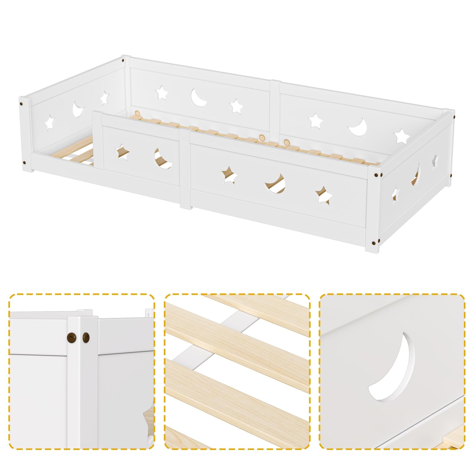 Cama en el suelo para bebé, 90 x 200 cm, cama en el suelo de inspiración Montessori, camas infantiles de madera con barrera de seguridad y somier de láminas, camas individuales para niños y