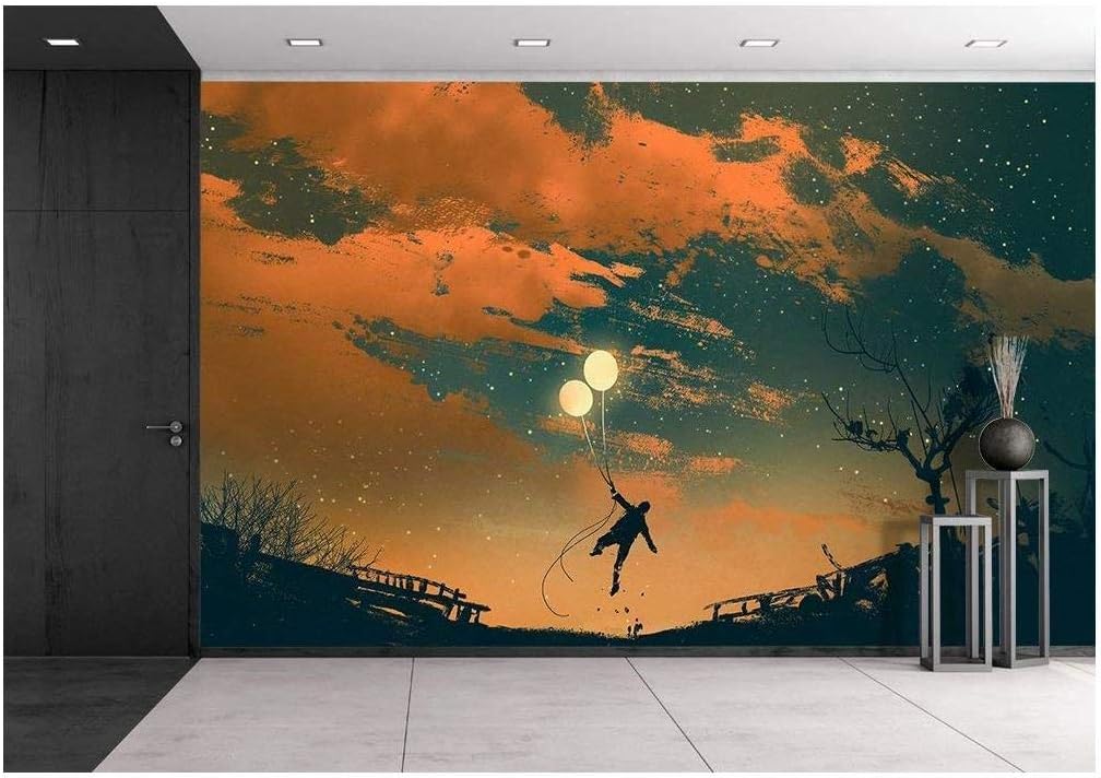 wall26 - Illustration - Man Flying with Balloon Lights at Sunset,Illustration Painting - Removable Wall Mural | Self-Adhesive Large Wallpaper - 66x96 inches