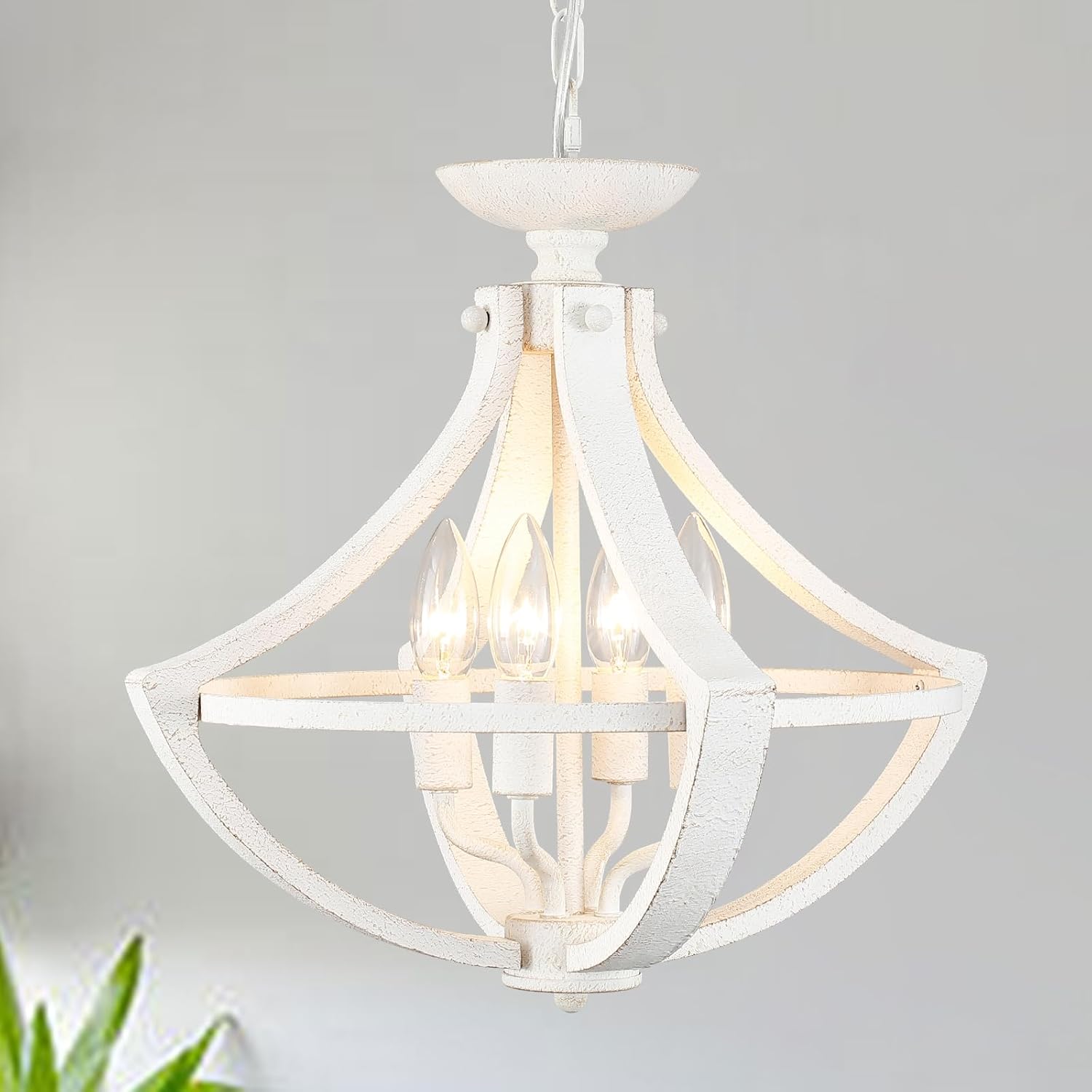 4-Lights French Country Chandelier Farmhouse Chandelier Handmade Semi Flush Mount Ceiling Light Fixture Wood Chandelier Pendant Light White Chandeliers for Entryway Foyer Hallway Kitchen Dining Room 4 Lights-White