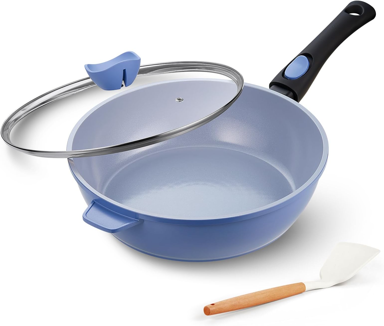 IKTU Ceramic Nonstick Deep Frying Pan, 11Inch Nonstick 4Qt Saute Pan with Helper Handle and Lid, Large Skillet Pan Induction Cookware with Detachable Handle, PFAS PFOA & PTFE Free