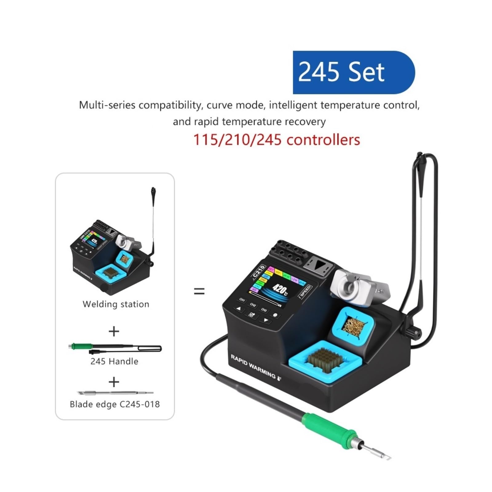 Poste de Soudure, Station de soudage intelligente SMD 200W, Kit fer précision à affichage numérique IPS Compatible avec C115 C210 C245(SMART-245-SET)
